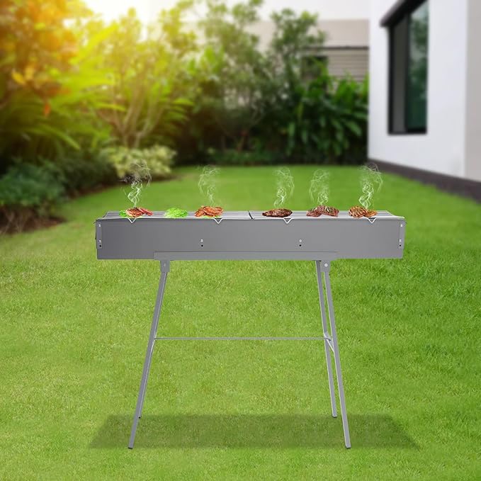 Portable Charcoal Grill Foldable, 39.3" Large Yakitori BBQ Grill, Zinc-Iron Alloy Camping Grill with 2 Straight Meshes & Stand, for Outdoor Picnic Travel Beach Party, 88 lbs Load-Bearing