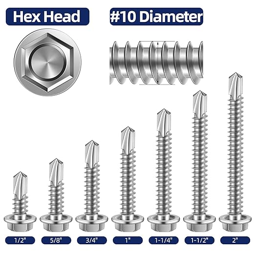MewuDecor #10 x 1 (1/4" to 3" Available) Hex Washer Head Self Drilling Sheet Metal Screws with Drill Point, Stainless Steel 410, 100 PCS