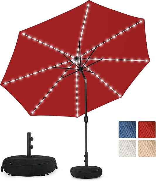 Sundale Outdoor Olefin 5-Year-Non-Fading Solar 80 LED 9 FT Solar Patio Umbrella with Sand Bag Base, Outdoor Umbrella with Tilt and Crank, Red
