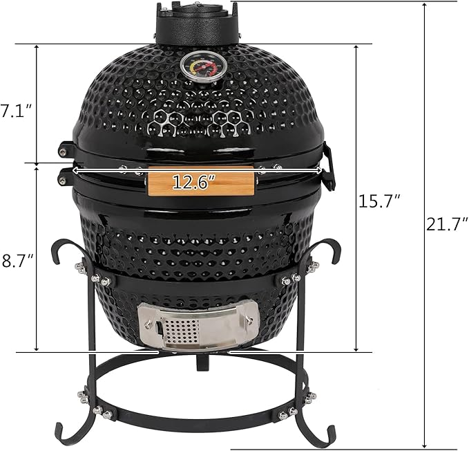 Outvita Ceramic Grill, 13" Round Kamado Charcoal Grill, Portable Barbecue Grill with Thermometer for Variations on Cooking Methods(Black)