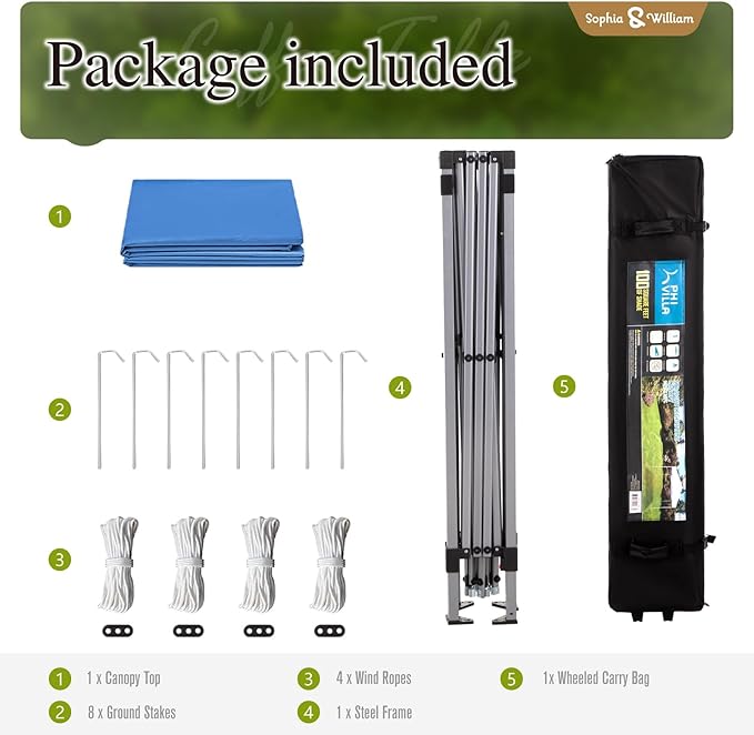 Sophia & William Canopy Tent Pop Up 10x10 ft, Outdoor Patio Portable Commercial Canopies Shelter Heavy Duty Straight Legs with Roller Bag, 8 Stakes, 4 Guy Ropes, UPF50+, Blue