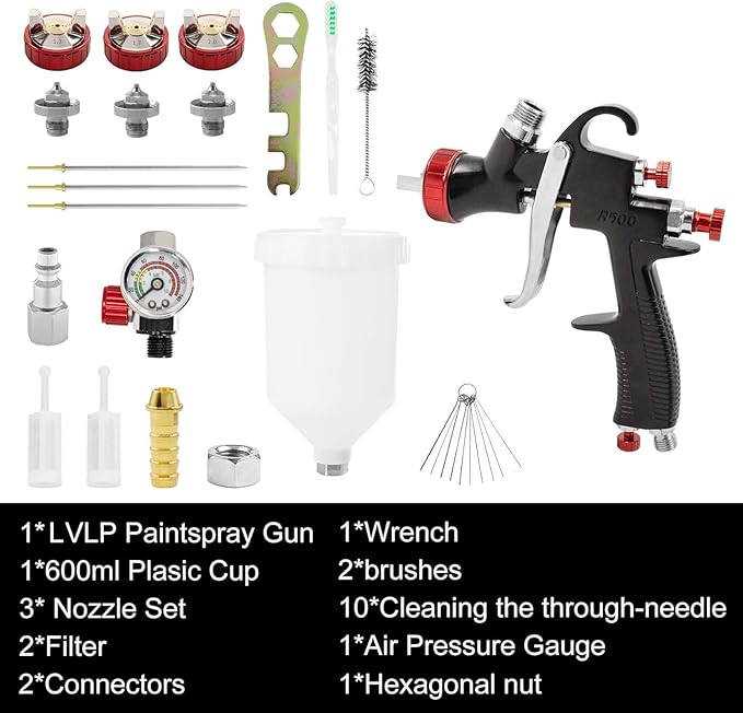 R500 LVLP Air Spray Gun Car Paint Gun Sprayer with 1.3/1.7/2.0mm Nozzles & Air Regulator, Professional Paint Guns Automotive Paint Gun for Car, Houses, Furniture, Varnish and Top Coat