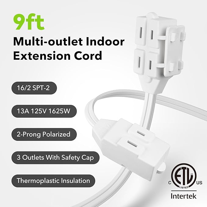 BN-LINK 9ft 3 Outlet Indoor Extension Cord 16/2 SPT-2, 2 Pack White, 2 Prong Polarized Plug, Household Power Cord for Home, Office, and Holiday Decorations