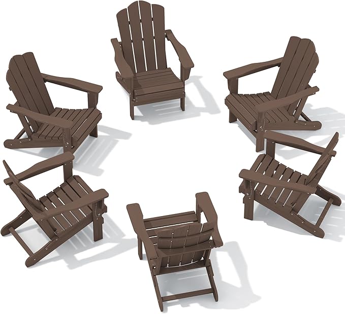 KINGYES Folding Adirondack Chair Set of 6, HDPE All-Weather Folding Adirondack Chair, Brown