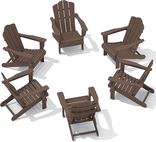 KINGYES Folding Adirondack Chair Set of 6, HDPE All-Weather Folding Adirondack Chair, Brown