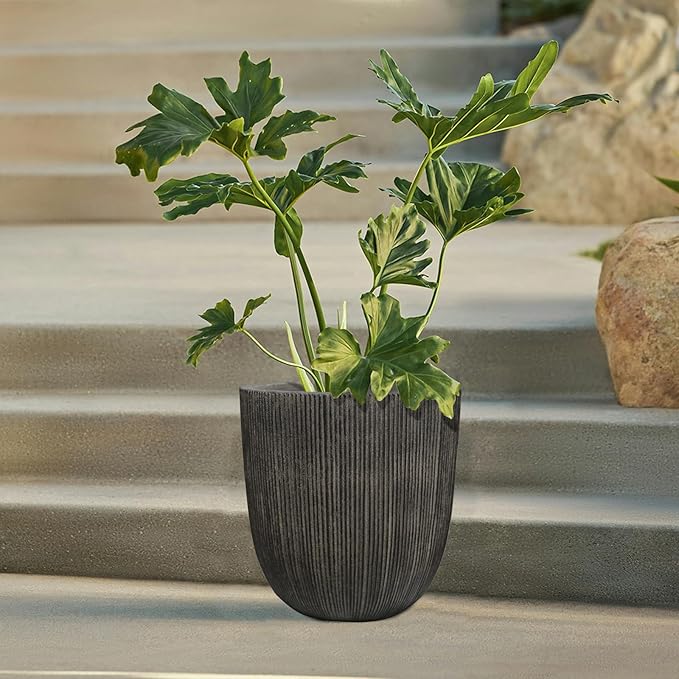 12.4" Tall Round Plastic Planter for Indoor Outdoor Plants, Large Indoor Outdoor Plant Pots with Drainage Hole and Plug, Flower Pots for Plants, Modern Planter for Home Garden Patio,Vintage Black