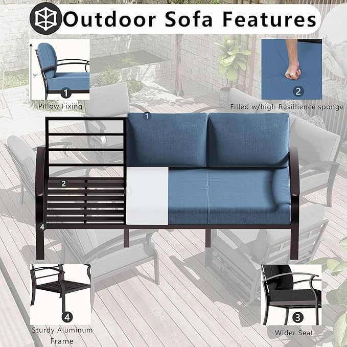 Aluminum Patio Furniture Set with Fire Pit Table, 9 Seats Outdoor Patio Conversation Sets with Swivel Chair Modern Metal Sectional Sofa with Upgrade Cushions for Patio, Backyard - Blue