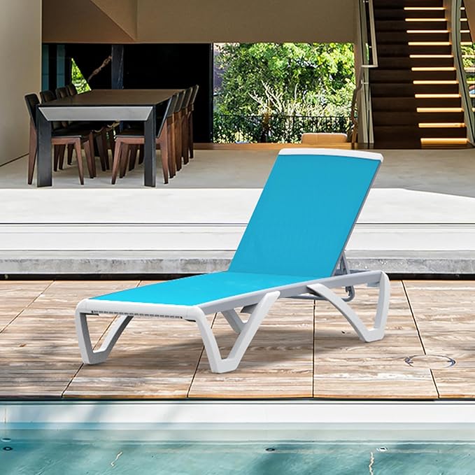 Domi Pool Lounge Chair Aluminum Adjustable Outdoor Chaise Lounge,All Weather Plastic Poolside Lounge Chair for Deck Lawn Backyard, Aqua Textilene