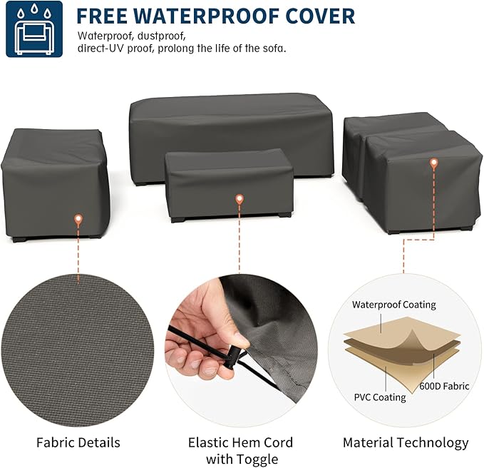 UDPATIO Outdoor Patio Furniture Set 5 Piece Wide Armrest Rattan Patio Sofa Sets w/Storage Table and Waterproof Covers for Poolside Deck Backyard, Grey