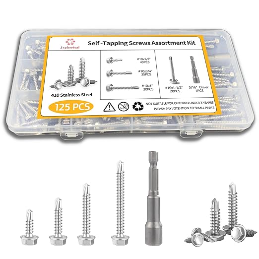 Self-Tapping Screws, 410 Stainless Steel, 125 PCS Assortment Kit with Driver, #10 1/2" 3/4" 1" 1-1/2", Hex Washer Head