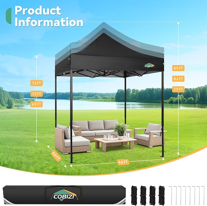 COBIZI 6.6x6.6 Heavy Duty Pop up Canopy Tent Without Sidewalls, Easy Set-up Commercial Outdoor Party Tent, 100% Waterproof Wedding Canopy Gazebo, 3 Height Adjustable with Carry Bag, Black