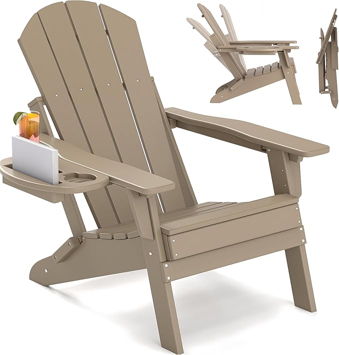 FOOWIN Folding Adjustable Adirondack Chair,HDPE Adirondack Chair w/4 in 1 Cup Holder Trays,All-Weather Resistant Fire Pit Chair, Outdoor Chair for Patio Lawn Poolside,400lbs,Brown