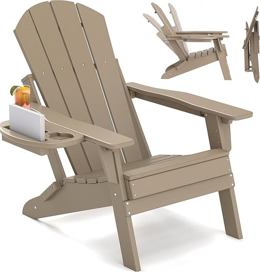 FOOWIN Folding Adjustable Adirondack Chair,HDPE Adirondack Chair w/4 in 1 Cup Holder Trays,All-Weather Resistant Fire Pit Chair, Outdoor Chair for Patio Lawn Poolside,400lbs,Brown