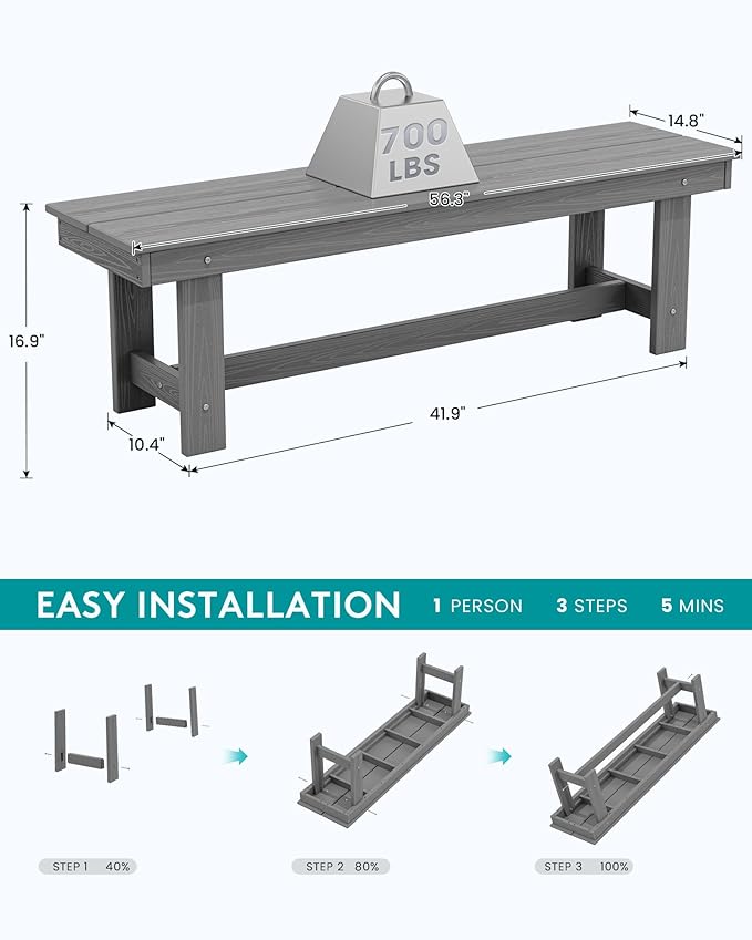 SERWALL 2-Person Outdoor Bench Backless, HDPE Outdoor Benches Weatherproof, 700 Lbs Weight Capacity, Poly Lumber Patio Furniture for Garden, Porch and Park, Grey