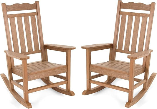 Stoog Patio Rocking Chairs Set of 2, All-Weather Outdoor & Indoor Porch Rocker with 400 lbs Weight Capacity, Front Porch Rocker Chairs Looks Like Real Wood, Teak