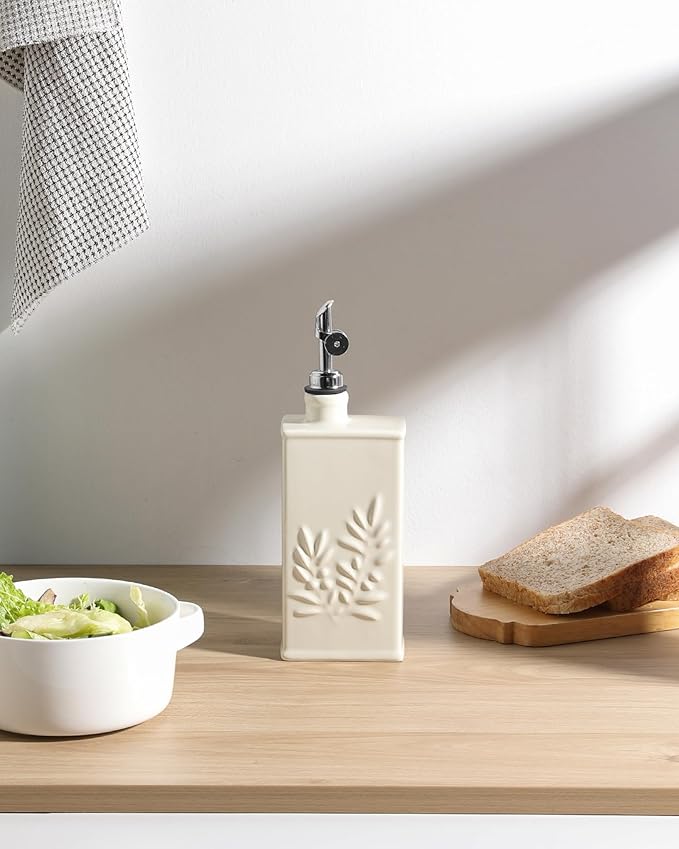 Sweejar Ceramic Olive Oil Dispenser Bottle for Kitchen, 17 Oz Relief Opaque Oil and Vinegar Dispenser Bottle with Spout, Suitable for Soy Sauce, Coffee Syrup, Liquids (Beige)