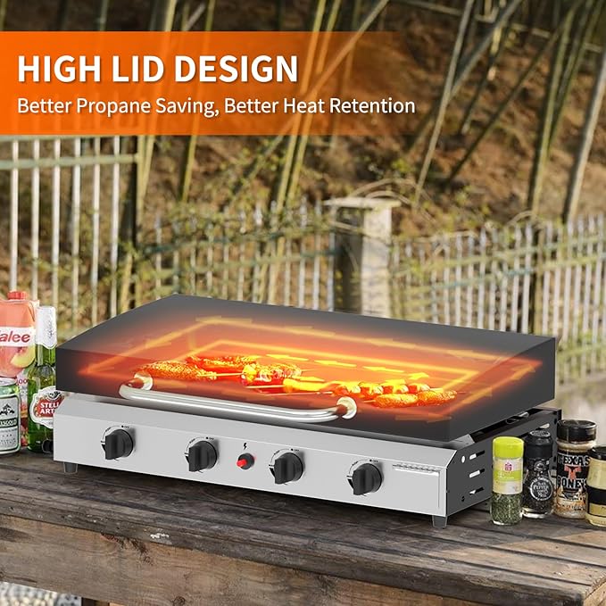 SKOK 4 Burners Outdoor Gas Griddle with Hood, Portable Flat Top Gas Grill-Table Top Propane Griddle Station with Side Shelves for Kitchen, Outdoor BBQ, Camping