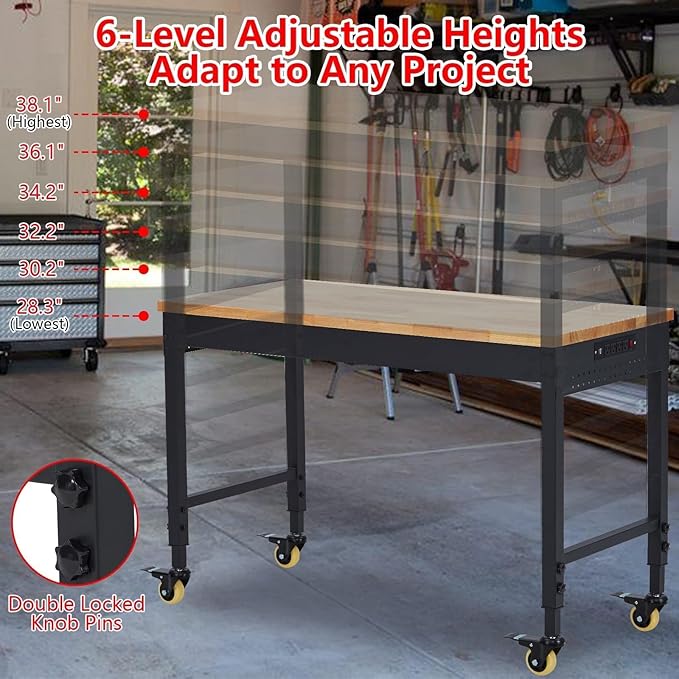 72"x25" Garage Workbench - 2000LB Capacity Work Bench with Rubberwood Top, Locking Wheels & Power Outlets, 27.8"-39.5" Height, Heavy-Duty Adjustable Workbench for Workshop/Home DIY