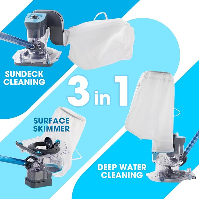 Heavy-Duty Cordless Rechargeable Pool Leaf Vacuum, 31GPM Ultra Strong Suction, 3 in 1 Cleaning Solution – Deep, Shallow & Surface Skimmer, for Above Ground Pools & In Ground Pools
