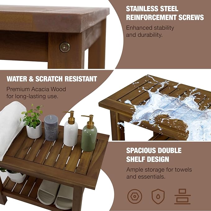 24 inch Acacia Wood Shower Bench with Storage Shelf - Waterproof Sturdy Shower Stool - Shower Seats for Adults and Elderly - Bathroom Bench 350 lb Capacity