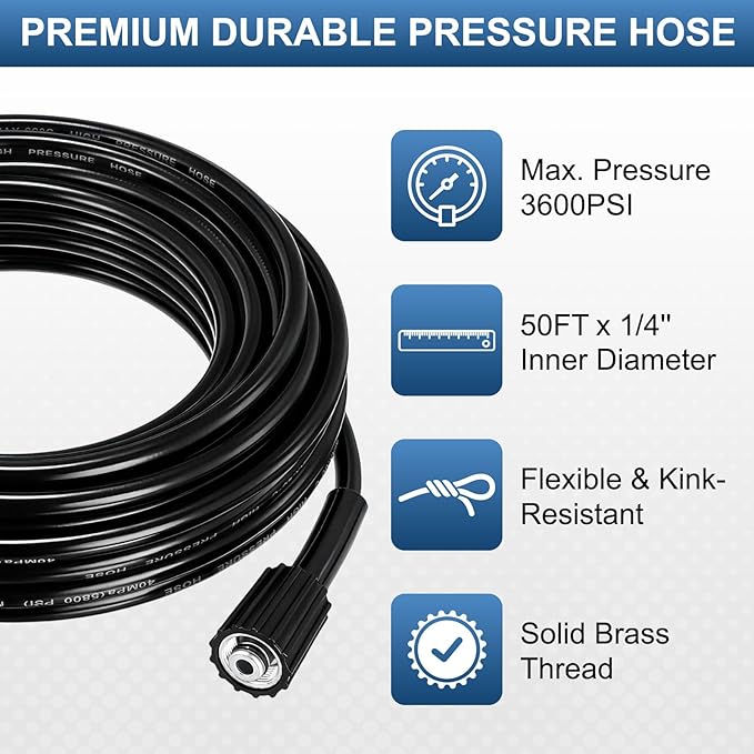 Pressure Washer Hose 49.2 Ft, 1/4" ID M22-14mm Brass Fitting, 3600 PSI Kink-Resistant Universal Electric Power Wash Hose for Replacement