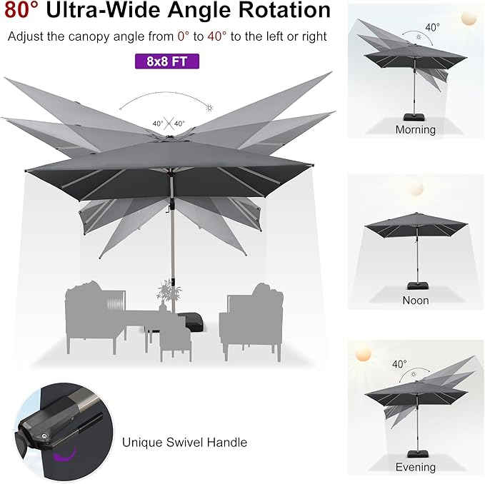 PURPLE LEAF 8' X 8' Left-right Tilting Patio Umbrella with Base Outdoor Swivel Cantilever Offset Aluminum Umbrella with Champagne Frame and 360-degree Rotation for Garden Deck Pool, Grey