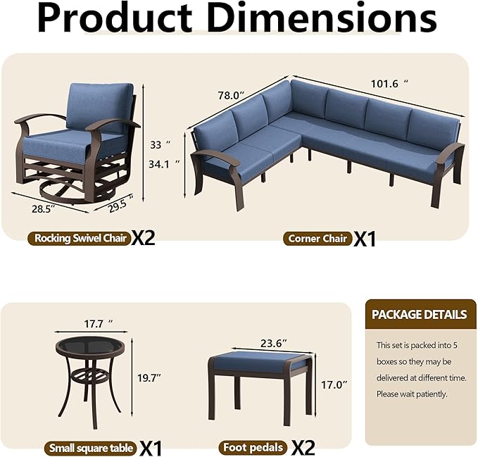 10-seat Aluminum Patio Furniture Set, L-Shaped Sectional Sofa with 5.1" Cushions, High Backrest & 2 Footstools, Durable Outdoor Patio Furniture Set, Backyard, Poolside - Blue