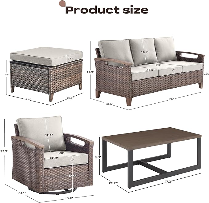 Rilyson Wicker Outdoor Patio Furniture Set - 6 Piece Patio Conversation Sets with Swivel Rocker Chairs, Sofa, Ottomans and Coffee Table, Thick Cushions, Waterproof Wicker, for Porch Deck Brown/Beige