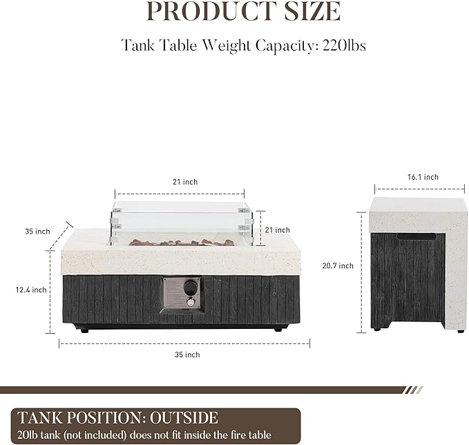 COSIEST 35" Outdoor Propane Fire Pit Table w Tank Cover & Wind Guard, Square Gas Fire Pit Table with Concrete & Wood Grain Design, 50000BTU Fire Tables for Patio, Backyard, Garden