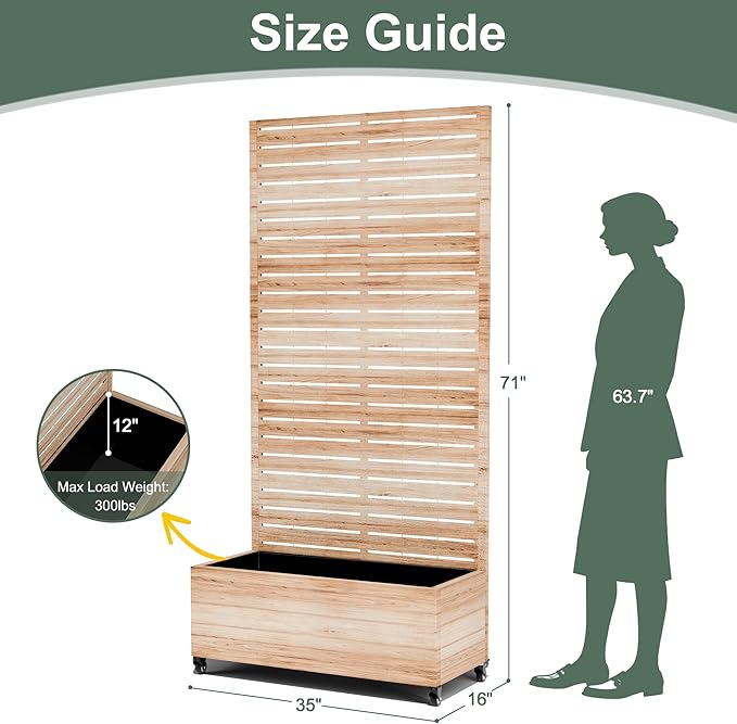 Large Metal Planter Box with Trellis and Wheels for Climbing Plants, Flower Garden Beds with Privacy Screen & Drainage Holes for Patio (35" L, Square White Wood Grain)