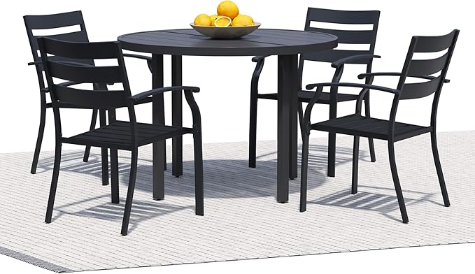 5 Piece Outdoor Dining Set, Patio Dining Set for 4, 42" Black Round Table with 4 Black Metal Outdoor Dining Chairs for Lawn, Garden, or Porch