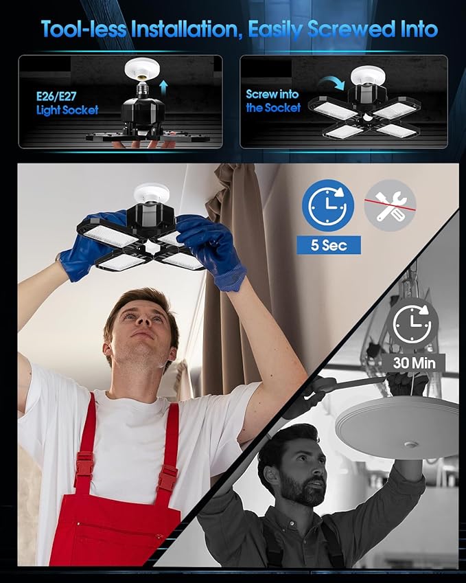 Motion Sensor Garage Light, 150W 15000LM 6500K LED Shop Lights, Garage Lights Ceiling Led with 4 Deformable Panels, Screw in E26 Socket Bulb for Warehouse, Workshop, Basement, Barn Lighting