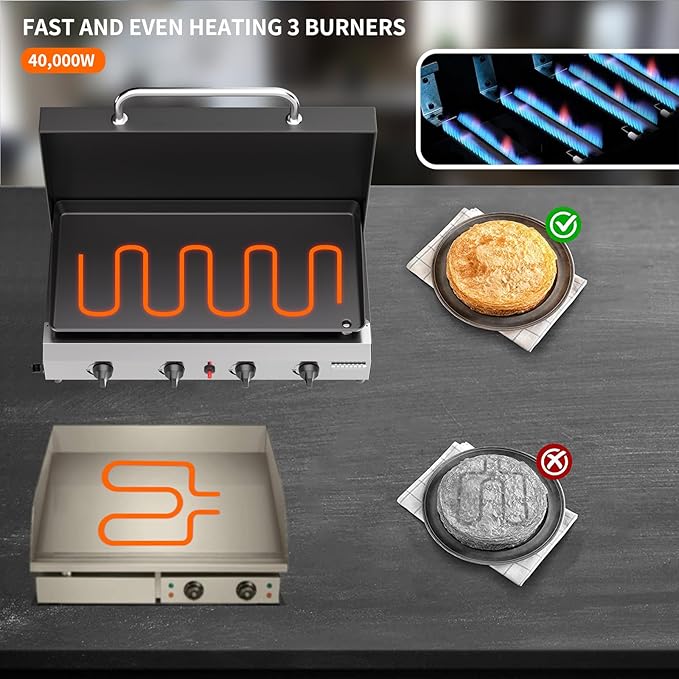 SKOK 4 Burners Outdoor Gas Griddle with Hood, Portable Flat Top Gas Grill-Table Top Propane Griddle Station with Side Shelves for Kitchen, Outdoor BBQ, Camping