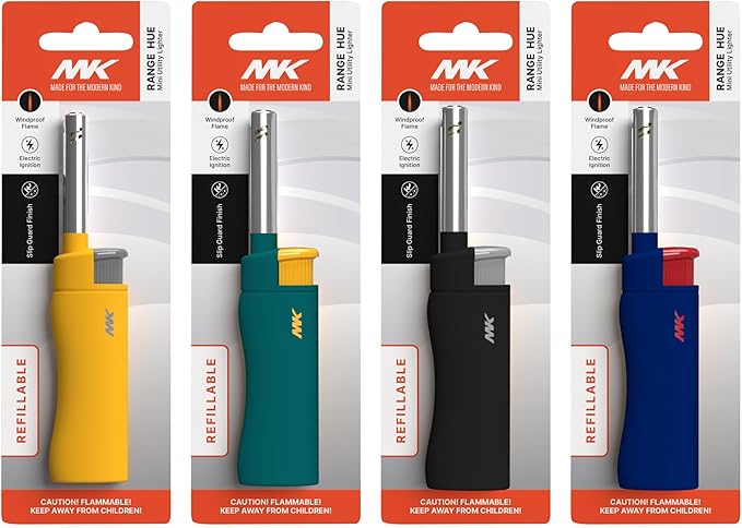MK Candle Lighter, Butane Refillable Wind-Resistant Flame, Lighters, 4-Pack for BBQ, Camping, Indoor/Outdoor Use (New Hue-4PCS)
