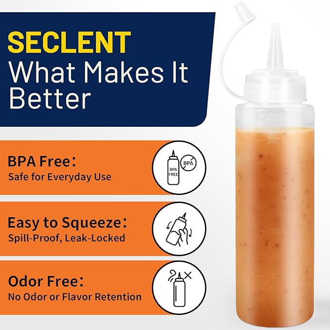 8 oz Squeeze Bottles for Sauces, Plastic Condiment Squeeze Bottles for Liquids, Ketchup, Squirt Bottle for Dressing, Sauce Bottle for Syrup, Oil, Dressing, Mustard, Pancake Batter - 6 Pack