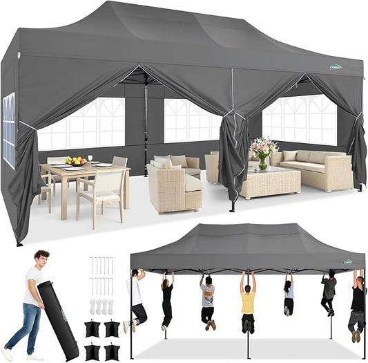 COBIZI 10x20 Pop up Canopy Heavy Duty Tent with 6 Sidewalls, Easy Set-up Commercial Outdoor Party Canopy, 100% Waterproof Wedding Gazebo, 3 Height Adjustable with Wheeled Bag,Gray