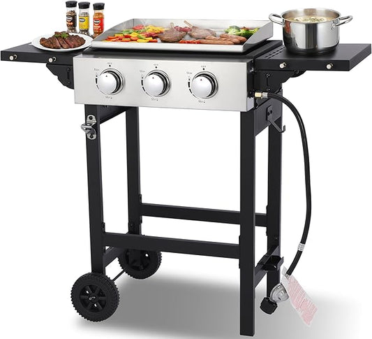 Portable 3-Burner Flat Top Grill with Folding Tabletop Design & Integrated Cart - 28650 BTU Propane Griddle for Outdoor Cooking, Camping, Tailgating