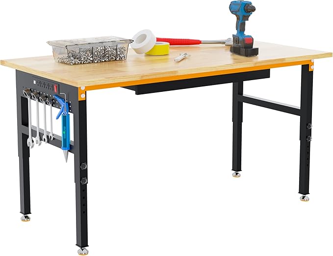 Betterhood 60" Adjustable Height Workbench, 2000 LBS Heavy Duty Work Table with Power Outlets & Pegboard, Rubber Wood Workstation for Garage, Workshop, Office, Home, Commercial