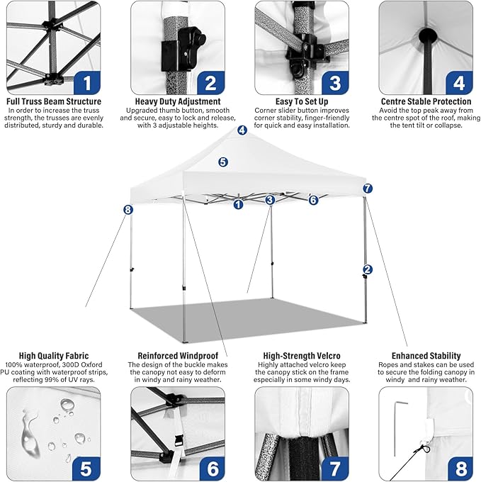 COBIZI 10x10 Pop up Canopy Heavy Duty Without Sidewalls, Easy Set-up Commercial Outdoor Party, 100% Waterproof Wedding Canopy Gazebo, 3 Height Adjustable with Handle Bag,White