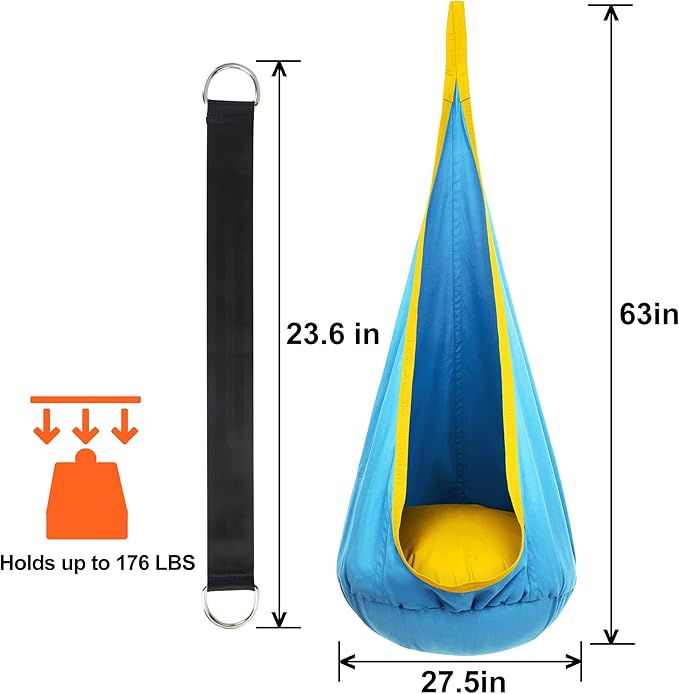 Y- STOP Kids Pod Swing Seat, Hanging Hammock Chair Swing with Inflatable Pillow, Sensory Swing Chair with Pocket for Outdoor and Indoor (Blue Yellow)