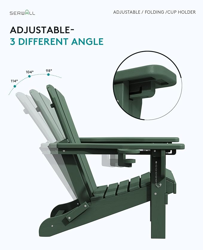 SERWALL Folding Adirondack Chair Set of 8, Reclining Adirondack Chair with 3 Recline Positions, All Weather HDPE Outdoor Adirondack, Green