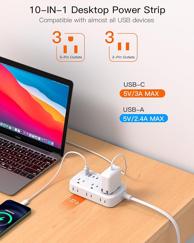 Flat Plug Extension Cord, Power Strip 25FT, 6 Outlets with 4 USB Ports(2 USB C), Wall Mount Charging Station, No Surge Protector for Home Office College Dorm Room Travel Essentials