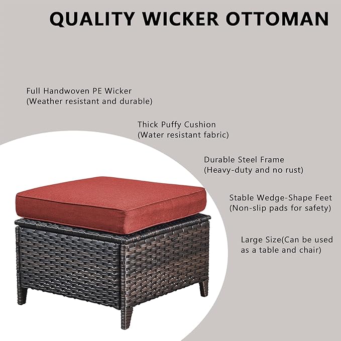 Rilyson Wicker Outdoor Patio Furniture Set - 6 Piece Patio Conversation Sets with Swivel Rocker Chairs, Sofa, Ottomans and Coffee Table, Thick Cushions, Waterproof Wicker, for Porch Deck Brown/Red