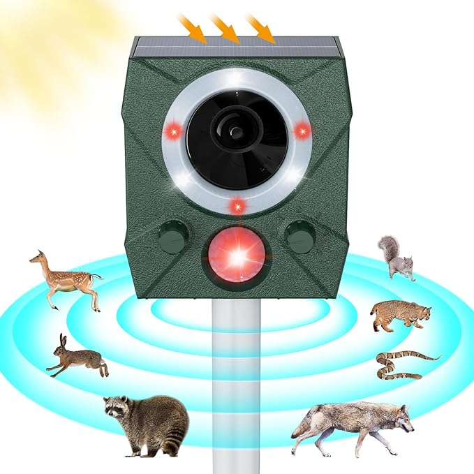 Solar Ultrasonic Mouse Squirrel Repellent with Motion Detection, Waterproof Pest Deer Repeller Outdoor, Nocturnal Animal Cat Repellent with Light for Mouse, Rodent, Coyote, Snake, Shunk, Fox, Raccoon