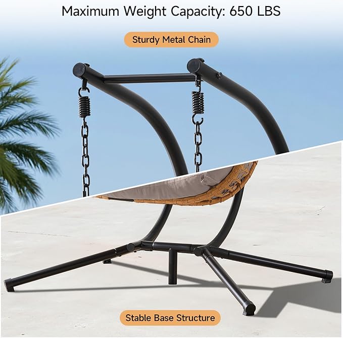 ONBRILL Double Hanging Egg Chair with Stand, Bohemian Knot Style Hammock Swing Chair, Foldable Basket & Denser Weaves, 650 Lbs Capacity Loveseat with UV Resistant Cushion for Patio, Backyard (Khaki)