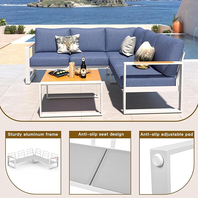 Aluminum Patio Furniture Set, All-Weather Outdoor Couch Sectional, L Shaped Patio Conversation Sets, Metal Corner Sofa with Teak Coffee Table (Cushion: Blue., White Frame)
