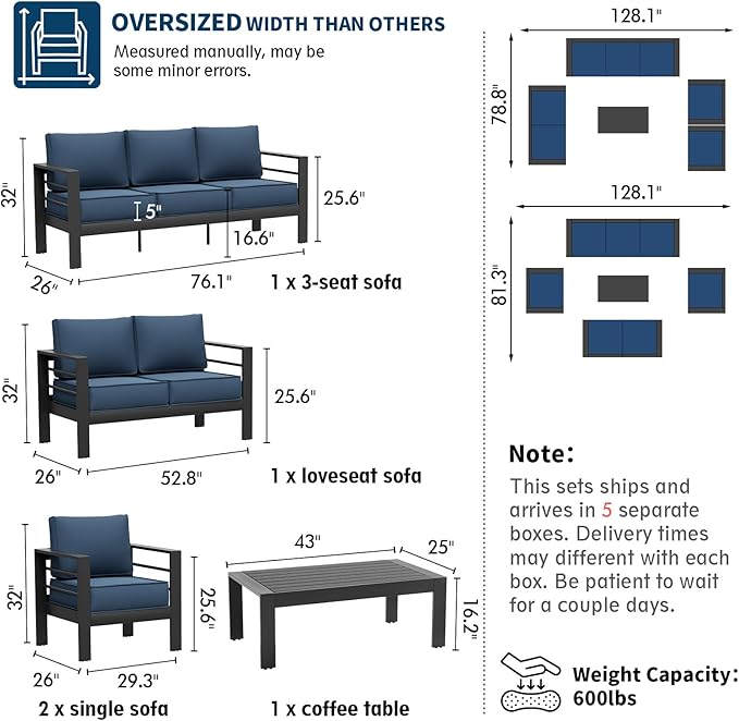 UDPATIO 8 Piece Aluminum Patio Furniture Set, Oversized Modern Outdoor Furniture Set with Olefin Fabric Cushion for Patio Deck Backyard, Dark Grey/Navy(with Waterproof Covers)