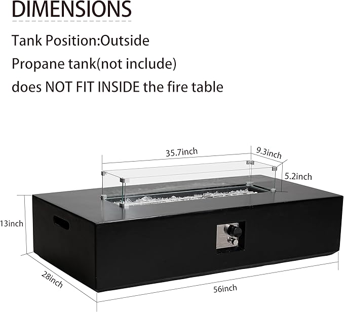 56" Outdoor Propane Fire Pit Table, Rectangle Terrazzo Fire Table w Glass Wind Guard(50,000 BTU), 2 Piece Gas Fire Table in Black w Fire Glass, Rain Cover for Outside, Backyard