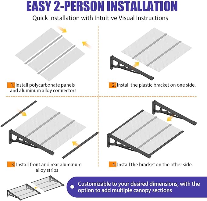 Door Awning Window Canopy, Modular Spliced Awnings for Outside,Porch,Patio,Deck,Polycarbonate Sheet,UV, Rain, and Snow Protection (Black Bracket & Transparent Board, 35 * 48'')