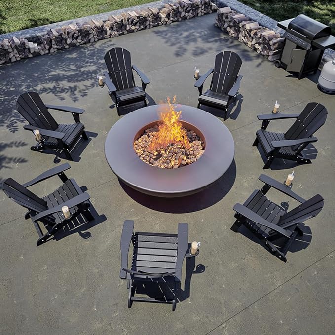 Folding Adirondack Chair with Cup Holders, HDPE Plastic Outdoor Chairs, Weather Resistant, Real Wood Look for Patio, Deck, Fire Pit, Backyard, Black